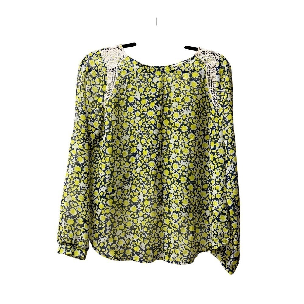 Spring Lace Crochet Shoulder Blouse Womens Large Yellow Blue Boho Brunch Top